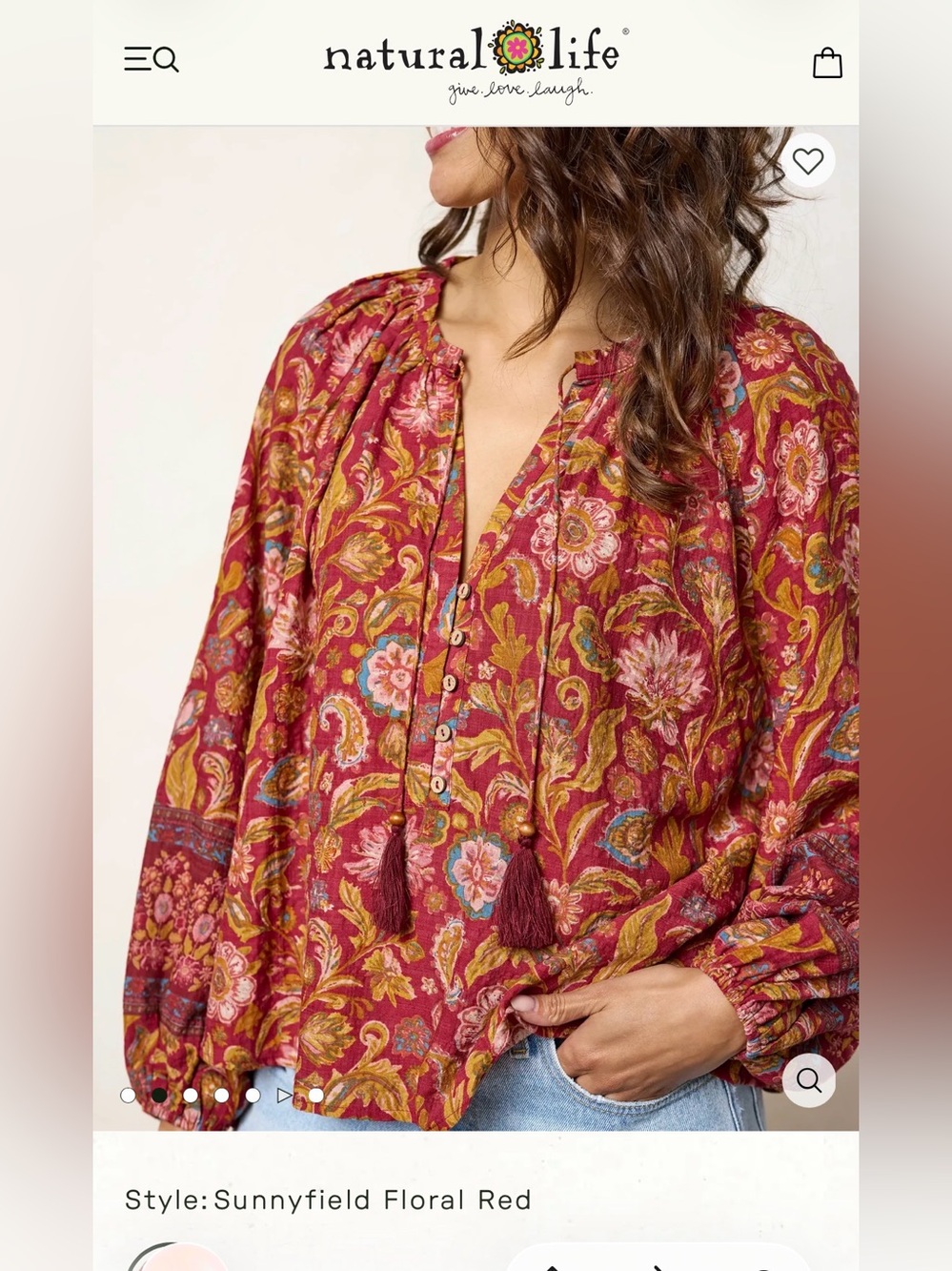 NATURAL LIFE Red Floral Paisley Peasant Blouse ptp 25 length 23